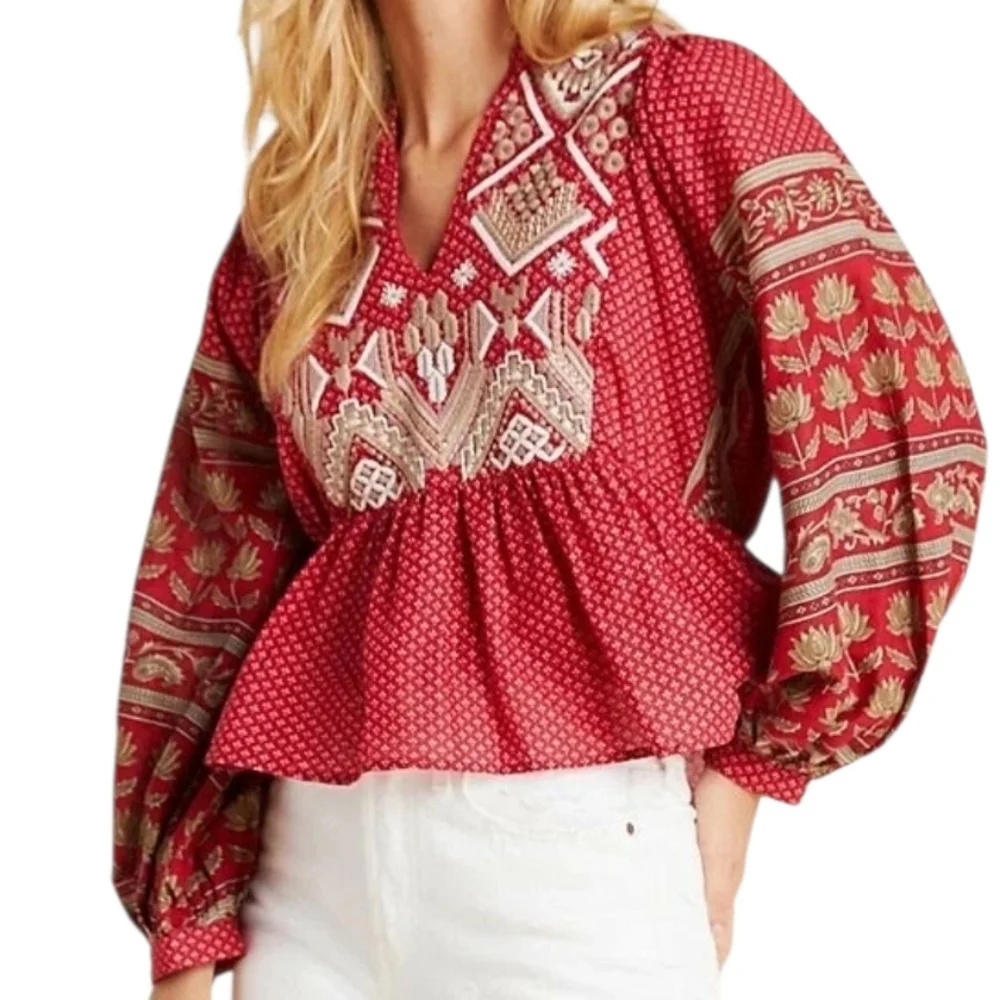 Anthropologie Keira Embroidered Peplum Women's 8 Red Long Sleeve V Neck Boho - Picture 2 of 12